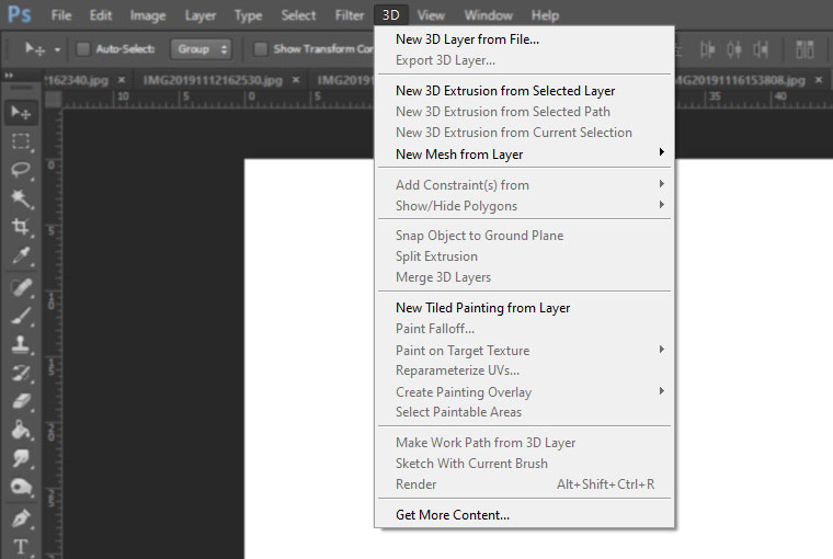 menu 3D photoshop